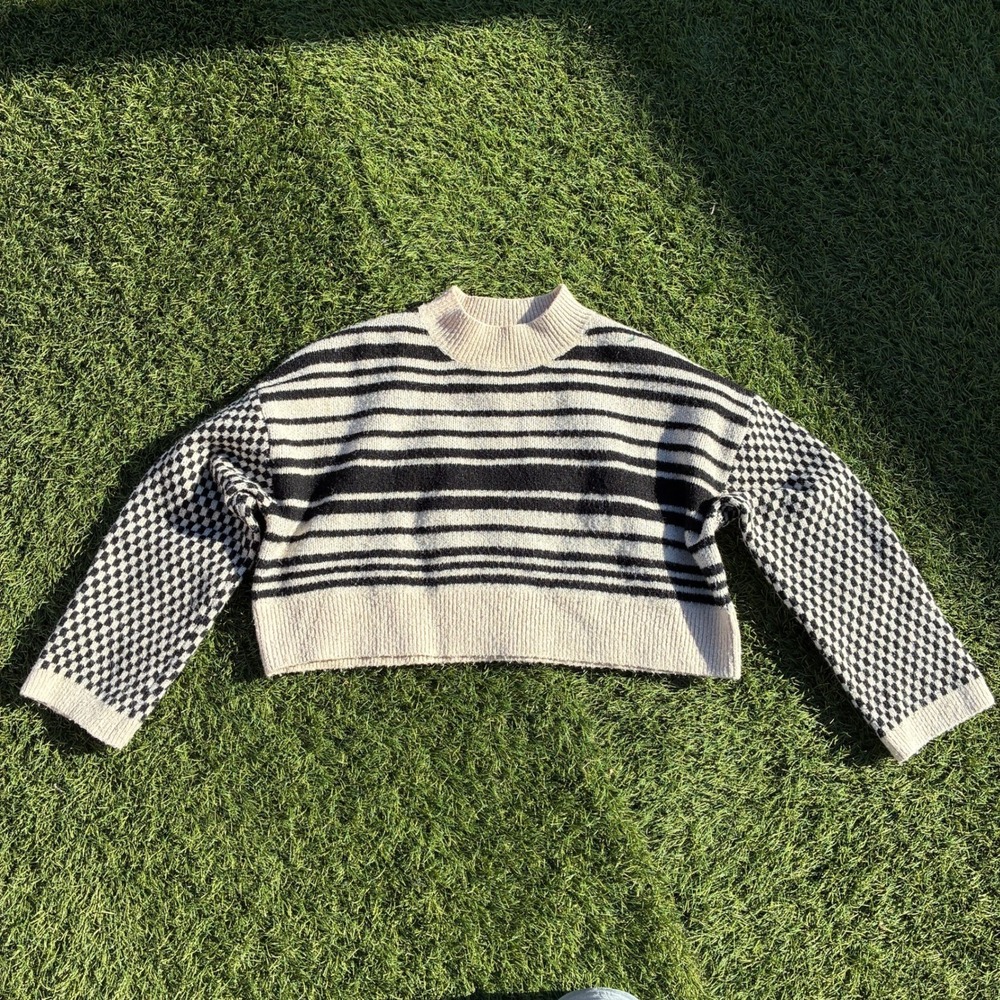 Grey Bandit Womens Small Cropped Sweater Mock Neck Striped Checkered Cream Black